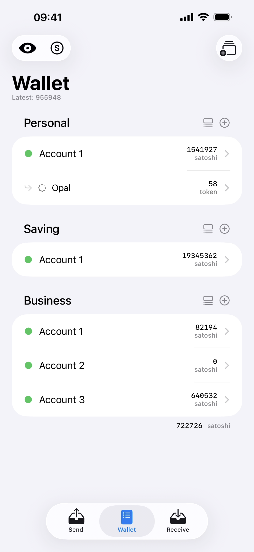 Opal Wallet wallet list on iPhone showing Bitcoin Cash accounts.